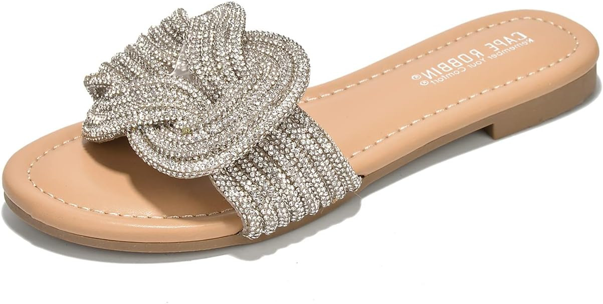 Cape Robbin Women's Glitter Flat Slide Sandals | Dressy Open-Toe Summer Sandals with Rhinestone K... | Amazon (US)