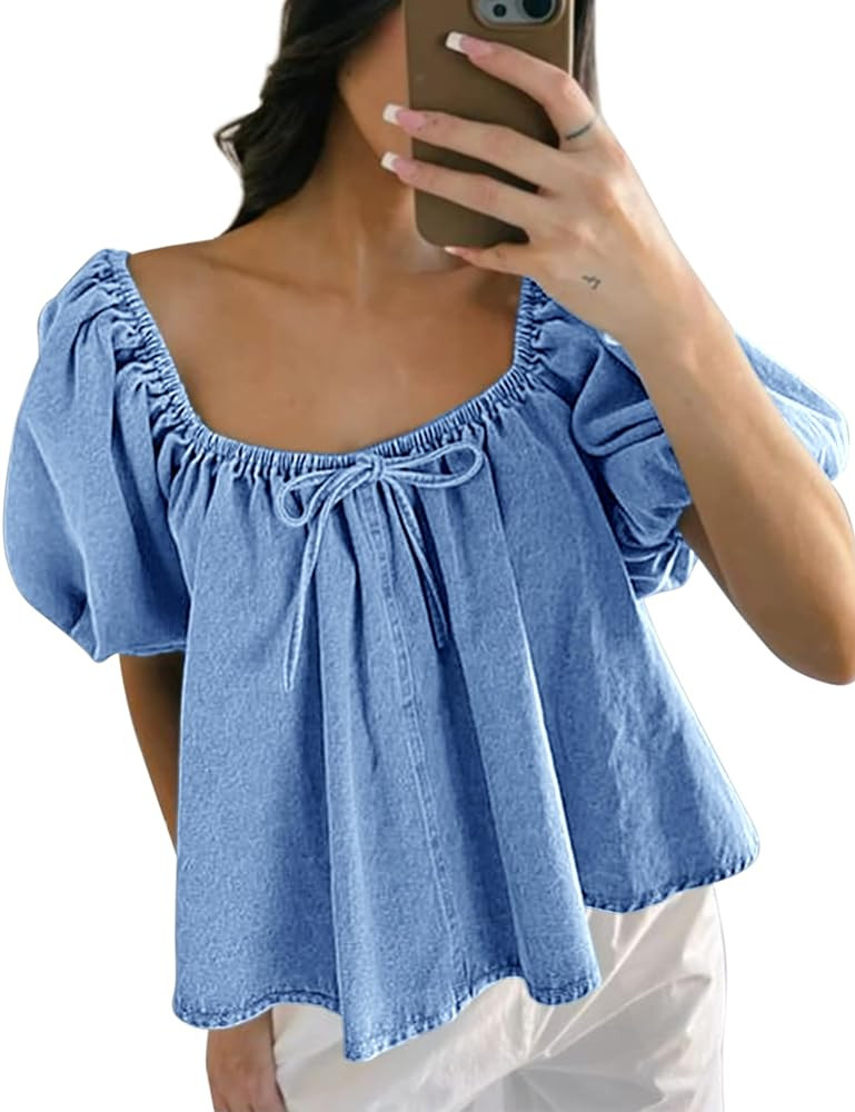 Womens Denim Vest Crop Sleeveless V Neck Denim Top Retro Tie Up Front Jean Vest | Amazon (US)