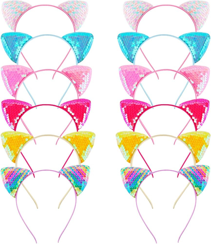 12 Sequin Cat Ear Headbands, Shiny Headwear Hair Band Party Decoration Cosplay for Women | Amazon (US)