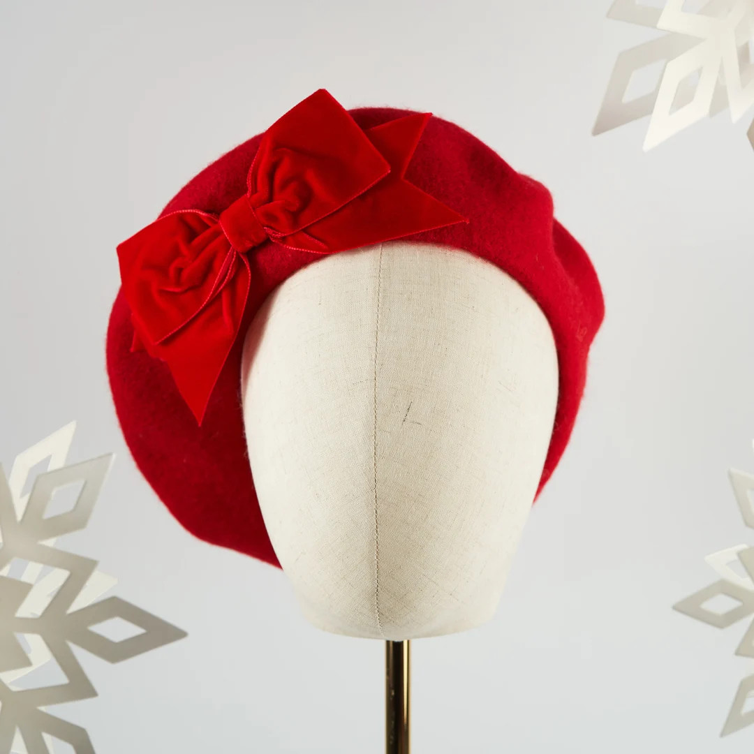 Scarlet Red Wool Felt Beret Hat With Red Velvet Ribbon Bow, Red French Beret Hat, Red Women's Win... | Etsy (US)
