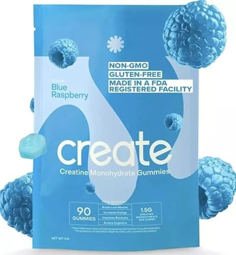 Create Creatine Monohydrate Gummies for Men & Women, Boost Focus, Strength, and Endurance, Anti-Melting Formula, Vegan, Gluten-Free, Non-GMO, 1.5g of Creatine per Gummy (Blue Raspberry, 90 ct) | Amazon (US)
