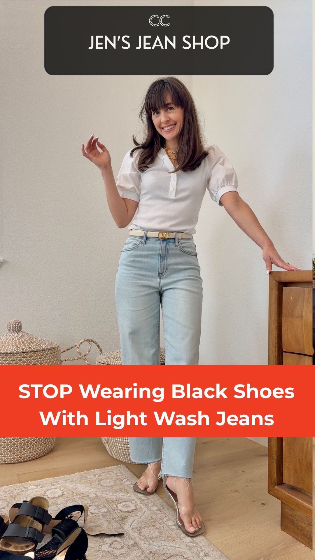 light wash jeans and shoes — the color rule every stylist knows

Self-proclaimed jean snob and stylist for over half my life. 20 years in a Nordstrom fitting room. This is the combination I corrected more than any other.

Black shoes with light wash jeans. Stop. Black shortens your legs, looks frumpy, and is the least flattering and most predictable choice you can make with a light wash. Warm tones, tan, brown, nude, and clear are current, elongating, and actually work.

#jensjeanshop #LTKstyletip #over40style