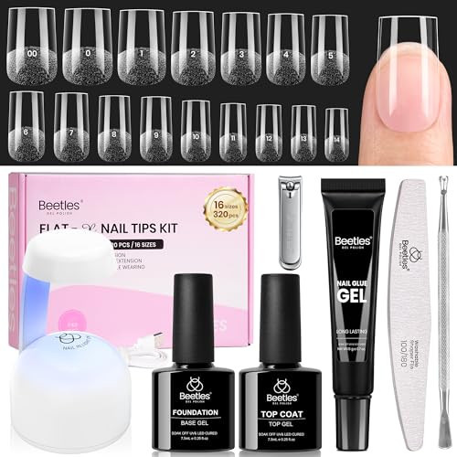 Beetles Gel Nail Kit Flat-X, Square Short, 320pcs 16 Sizes Nail tips, with 15g Nail Glue Gel Hands-Free, 7.5ml Base Gel & Top Coat, Mini Lamp, for Acrylic Press On Nail, Extension DIY Set at Home | Amazon (US)