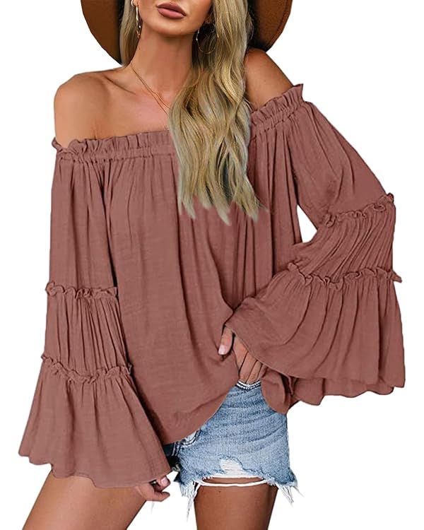 Womens Off The Shoulder Long Bell Sleeve Tops Flared Casual Loose Blouse | Amazon (US)