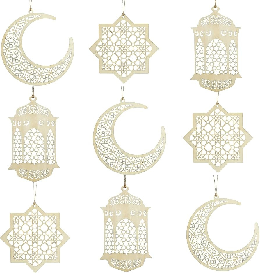 9 Pieces Ramadan Kareem Wooden Ornaments Pendant Decoration Moon Star Lantern Shaped Mubarak Eid ... | Amazon (US)