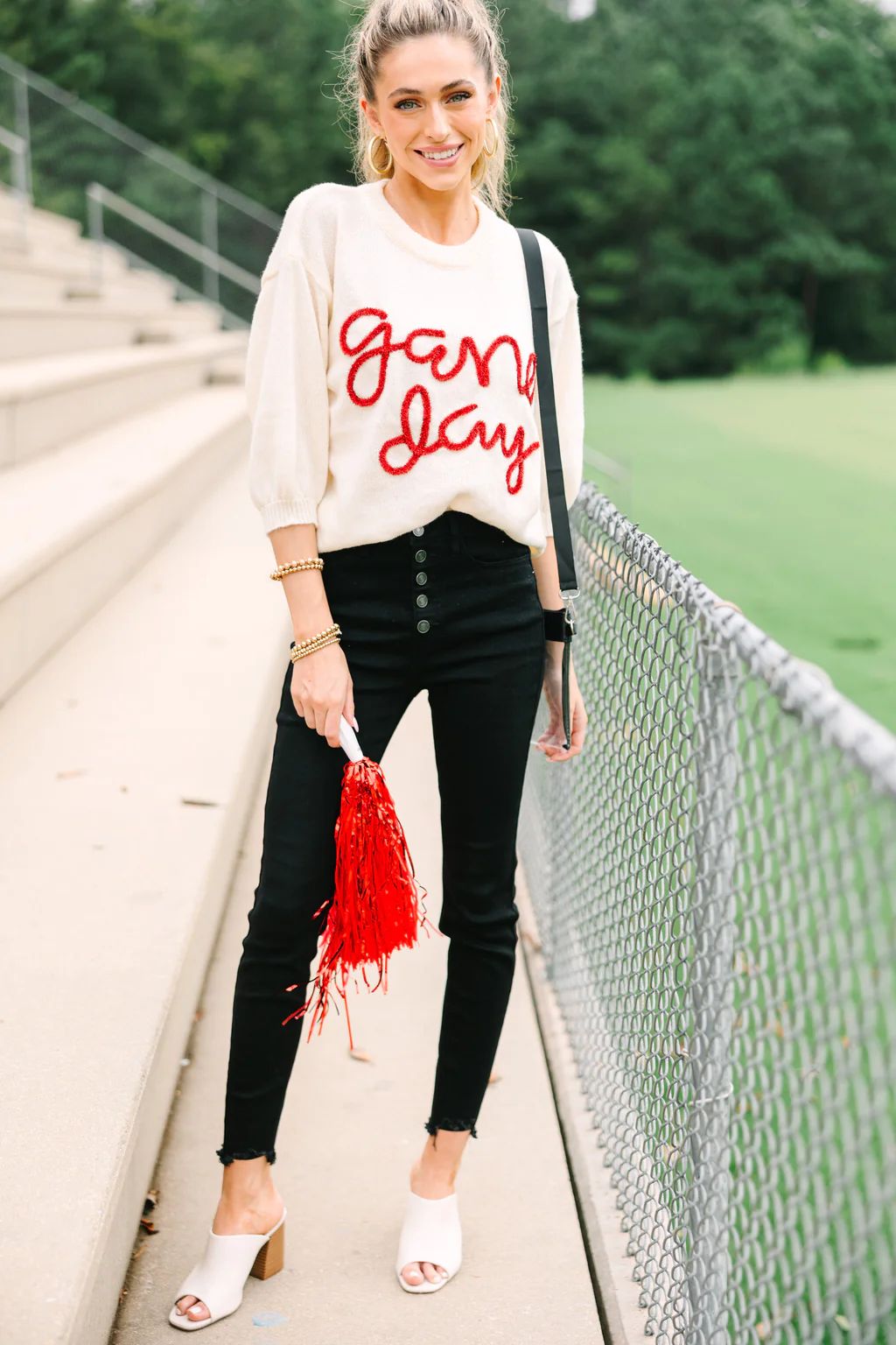It's Game Day Ivory/Red Puff Sleeve Sweater | The Mint Julep Boutique