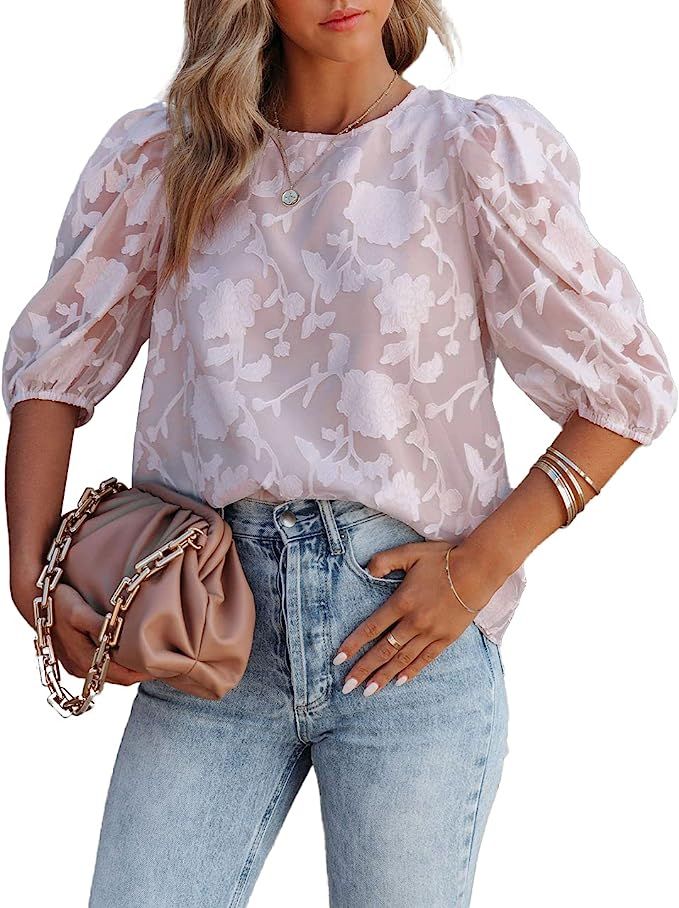 Alvnpin Women Elegant Floral Textured Blouses Round Neck Half Sleeves Tops Shirts | Amazon (US)