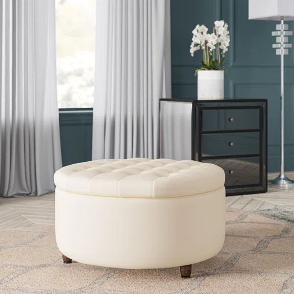 Sanni 28'' Wide Faux Leather Round Storage Ottoman with Storage | Wayfair North America
