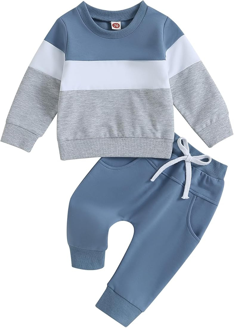Toddler Baby Boy Clothes Long Sleeve Color Block Sweatshirt Top Drawstring Pants Set 2Pcs Infant ... | Amazon (US)