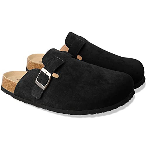 Clogs for Women Suede Soft Leather Clogs Classic Cork Clog Antislip Slippers Waterproof Mules House Sandals Buckle Black | Amazon (US)