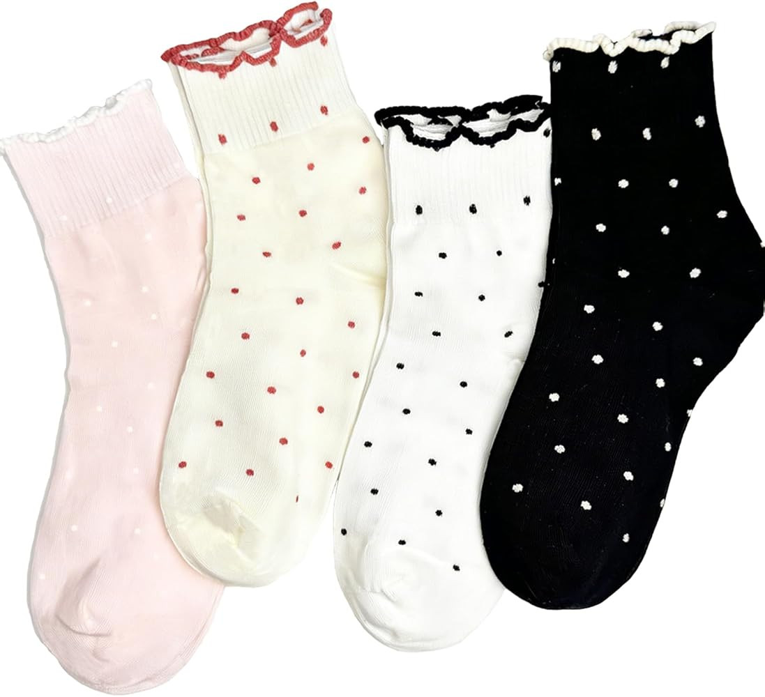 4 Pairs Womens Ruffle Polka Dot Ankle Socks Cute Frilly Trim Lettuce Cotton Socks Trendy Girly Ae... | Amazon (US)