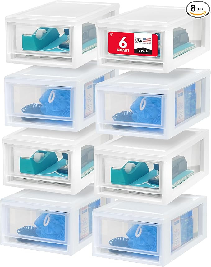 IRIS USA 6 Qt. Plastic Drawer Storage Organizer Stacking Drawers, 8-Pack, Stackable Unit with Sli... | Amazon (US)