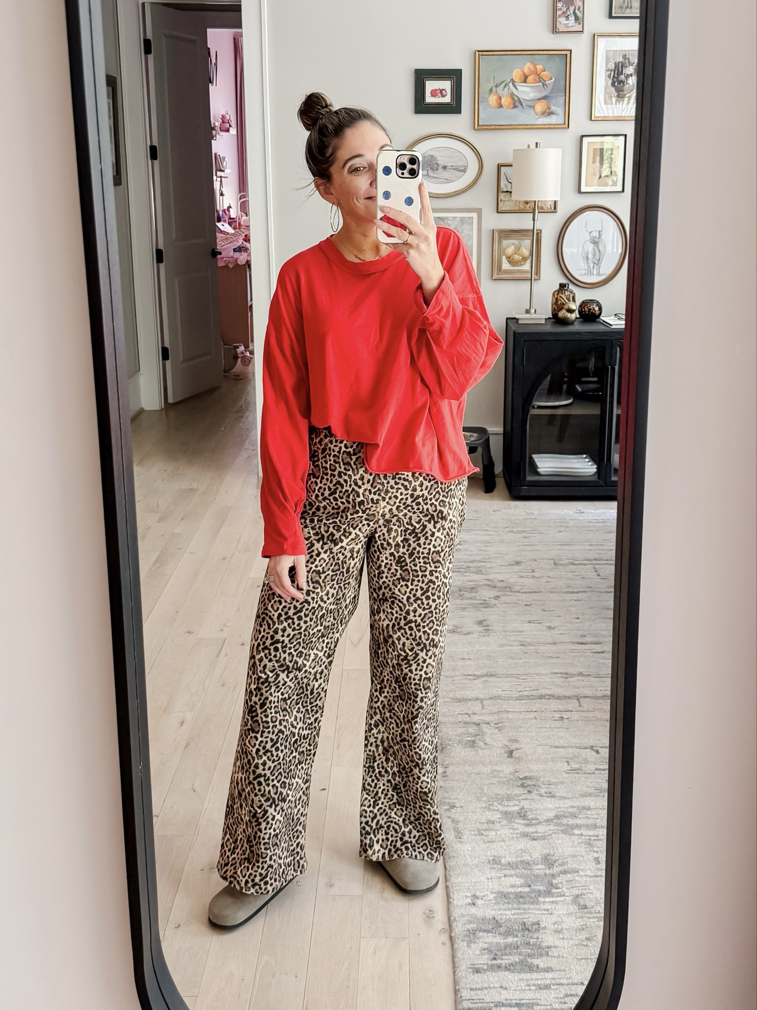 What I wore on a Sunday running around town! It was cooler so the light weight long sleeves came back out! Red and leopard are such a bold combination but I Iove it! 
Tee L / Leopard jeans 12 / Potato shoes tts 

#LTKMidsize #LTKootd