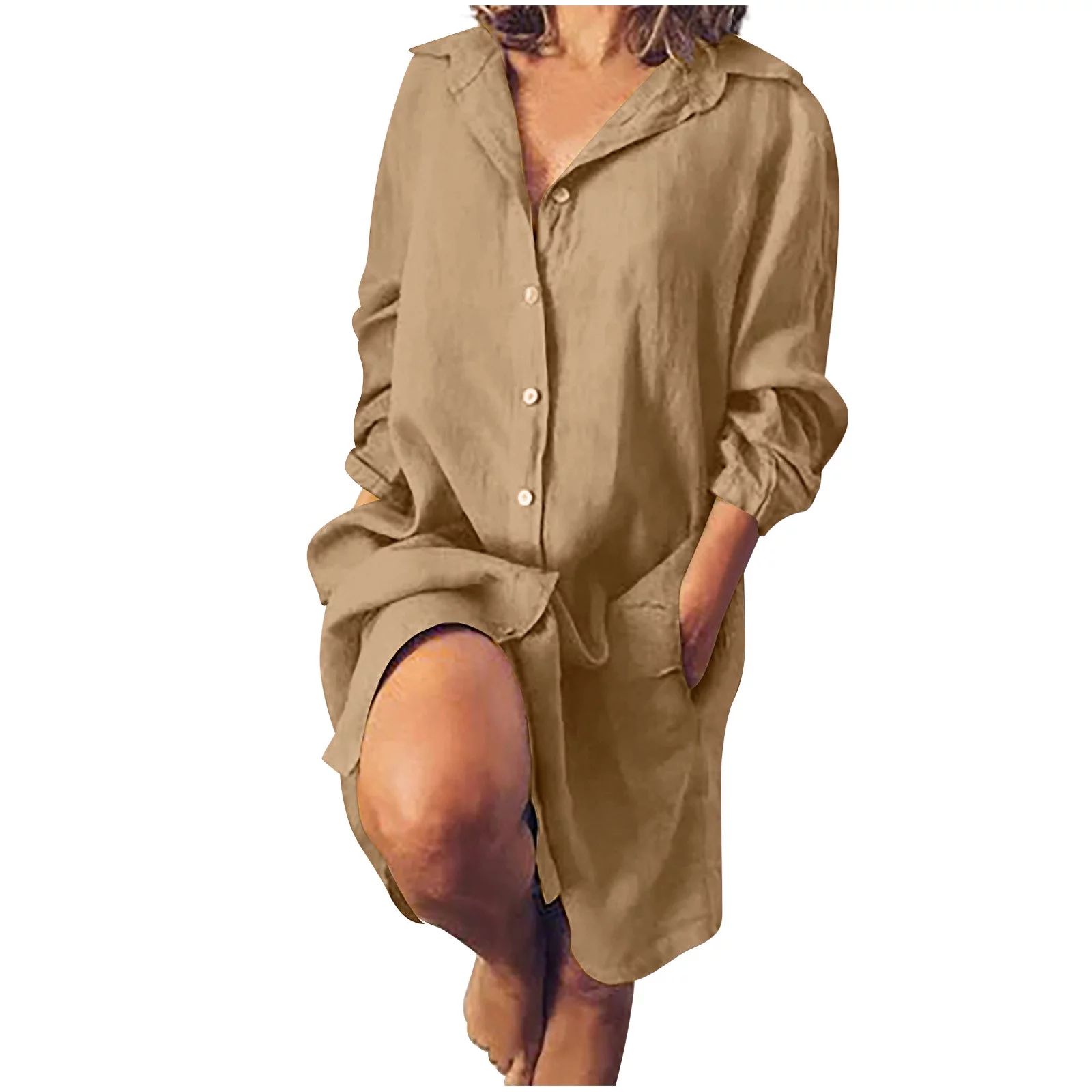 Women's Cotton Linen Shirt Dress Button Down Long Sleeve Collared Knee Length Blouse Dress Plain ... | Walmart (US)