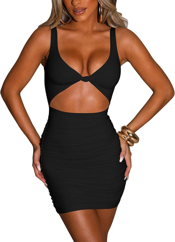Kaximil Women's Sexy Bodycon Sleeveless Cut Out Ruched Tank Mini Club Party Dresses | Amazon (US)