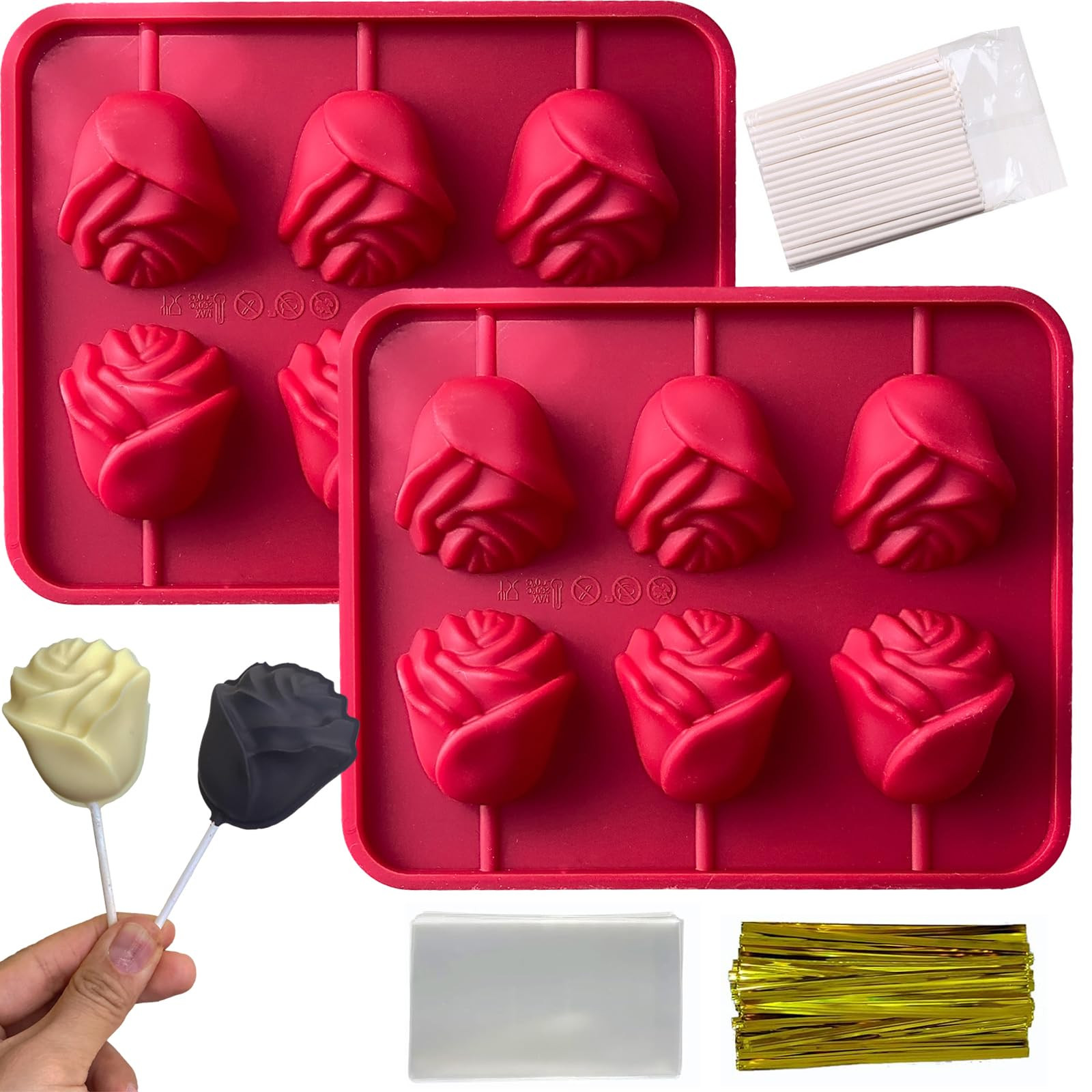 Rose Flower Lollipop Molds, 2 Pack Rose Silicone Chocolate Candy Molds with 100 Sticks 3D Flowers... | Amazon (US)