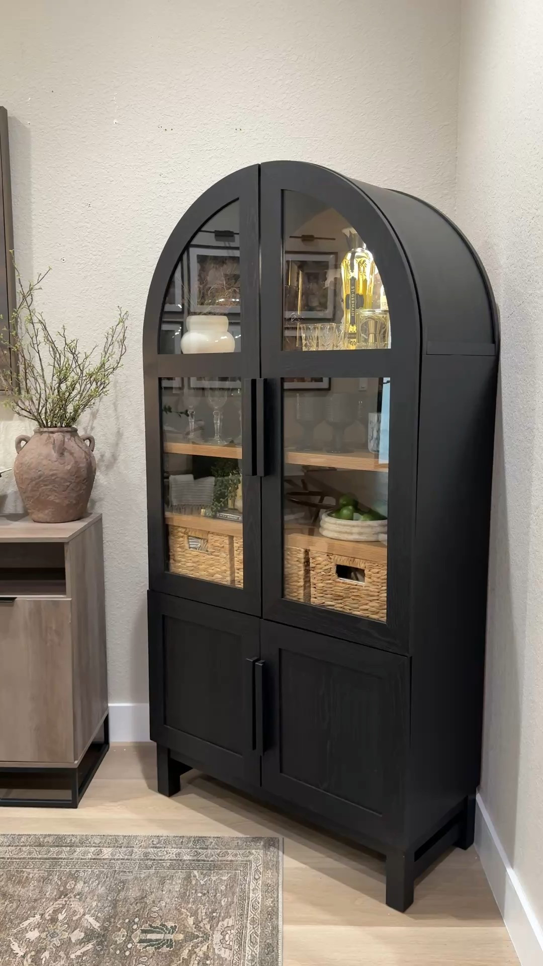 Purchased the most beautiful cabinet from Walmart. I am so happy with how it turned out 🤍 #archedcabinet #walmartfinds #organicmodern #homedecortiktok #aesthetichome 