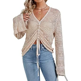 Saodimallsu Womens Boho Off Shoulder Sheer Crop Tops Bell Sleeve Flowy Oversized Crochet Ruched P... | Amazon (US)