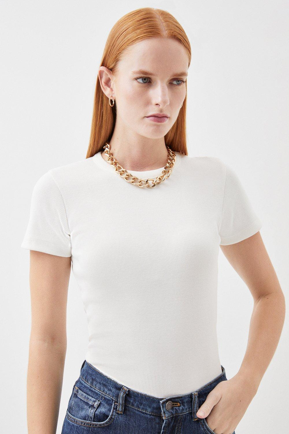 Compact Jersey Short Sleeve Ribbed Top | Karen Millen UK + IE + DE + NL