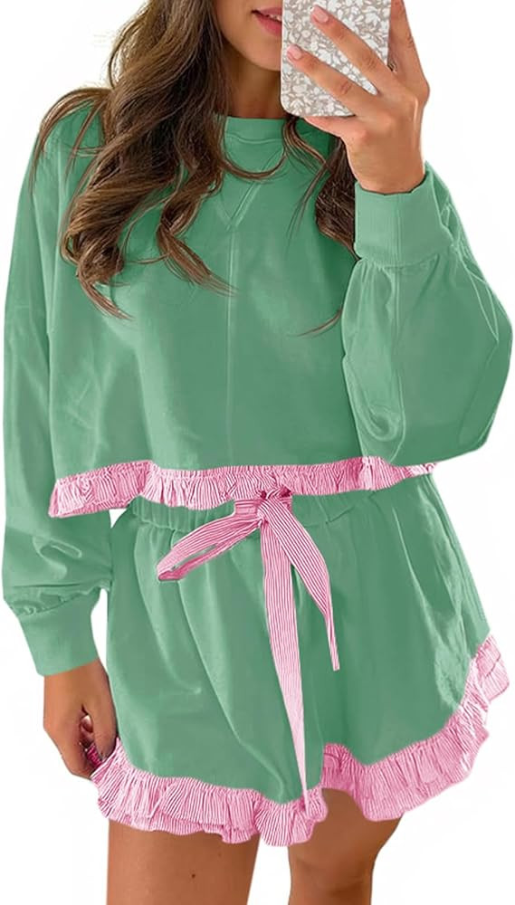 Fisoew Women's 2 Piece Lounge Sets Color Block Ruffle Cropped Sweatshirts Loose Drawstring Waist ... | Amazon (US)