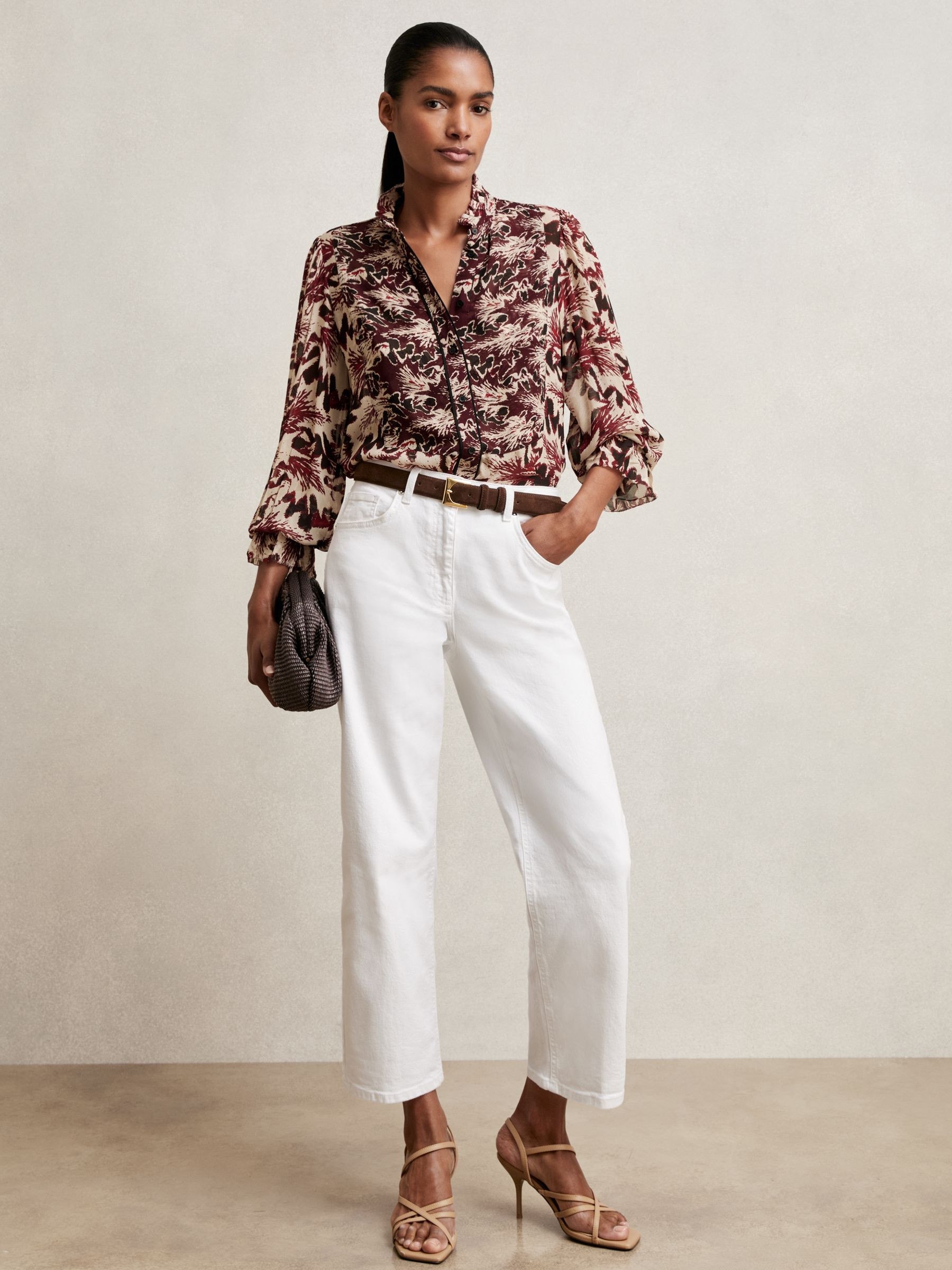 Reiss Abstract-Print Ruffle-Neck Shirt in Burgundy/Cream - REISS | Reiss UK