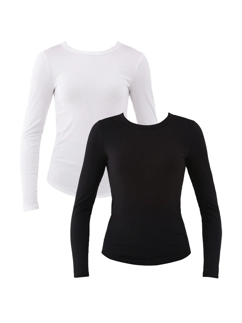 No Boundaries Ribbed Crewneck Tee with Long Sleeves, 1 or 2-Pack, Women's & Women's Plus | Walmart (US)