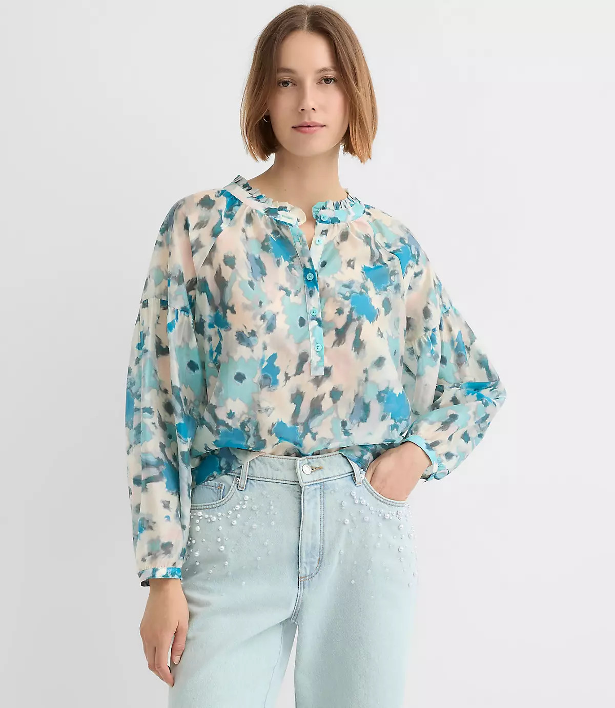 Floral Draped Sleeve Henley Blouse | LOFT