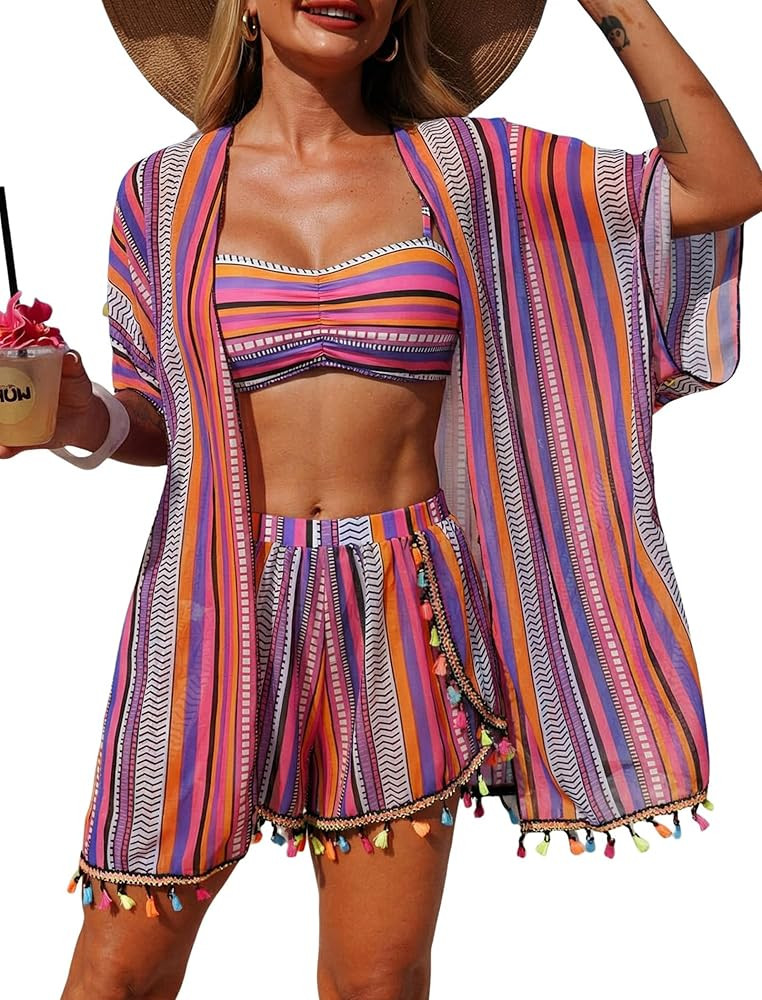 ZAFUL Women 4pcs Ruched Striped Bikini Set High Cut Swimsuit with Sheer Fringed Cover Up Side Sli... | Amazon (US)