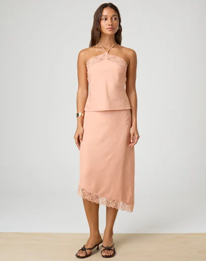 Asymmetrical Lace Trim Midi Skirt | Glassons (Australia)