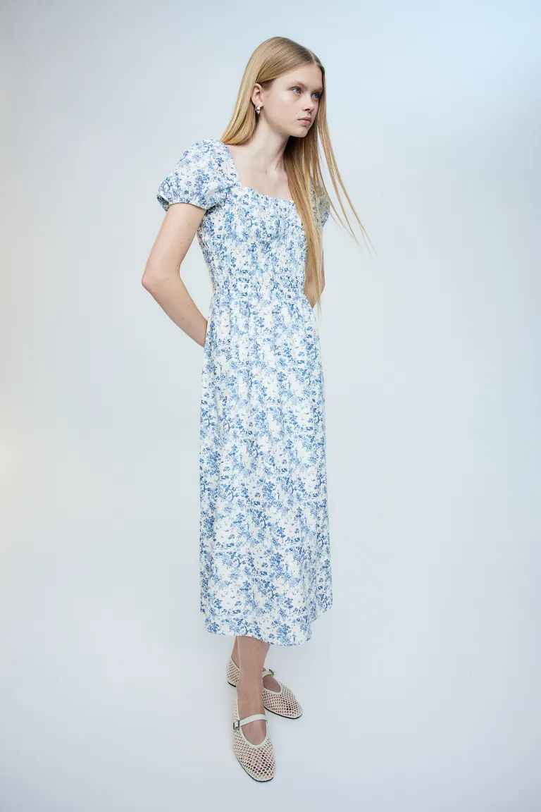 Linen-blend Smocked-waist Dress - Cream/trees - Ladies | H&M US | H&M (US + CA)