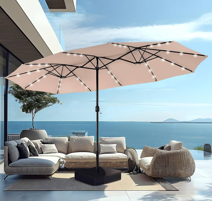 PHI VILLA 15ft Large Patio Umbrella with Base & Solar Lights, Double-Sided Outdoor Rectangle Umbr... | Amazon (US)