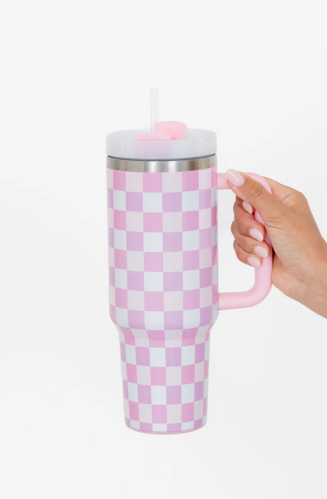 Sippin' Pretty Multi Pastel Checkered 40 oz Drink Tumbler With Lid And Straw | Pink Lily