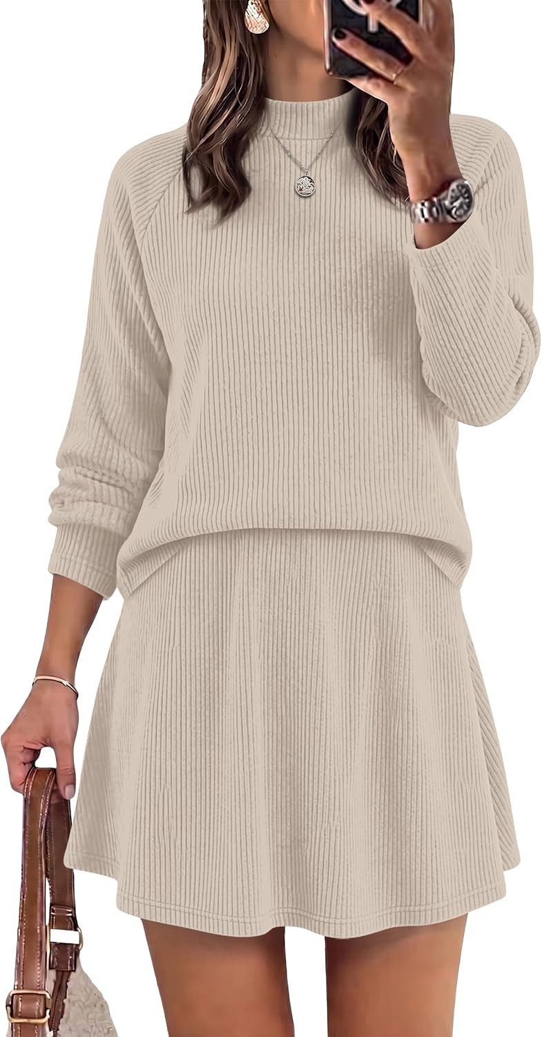 WIHOLL 2 Piece Sets for Women Mini Skirt Lightweight Sweaters Mock Neck | Amazon (US)