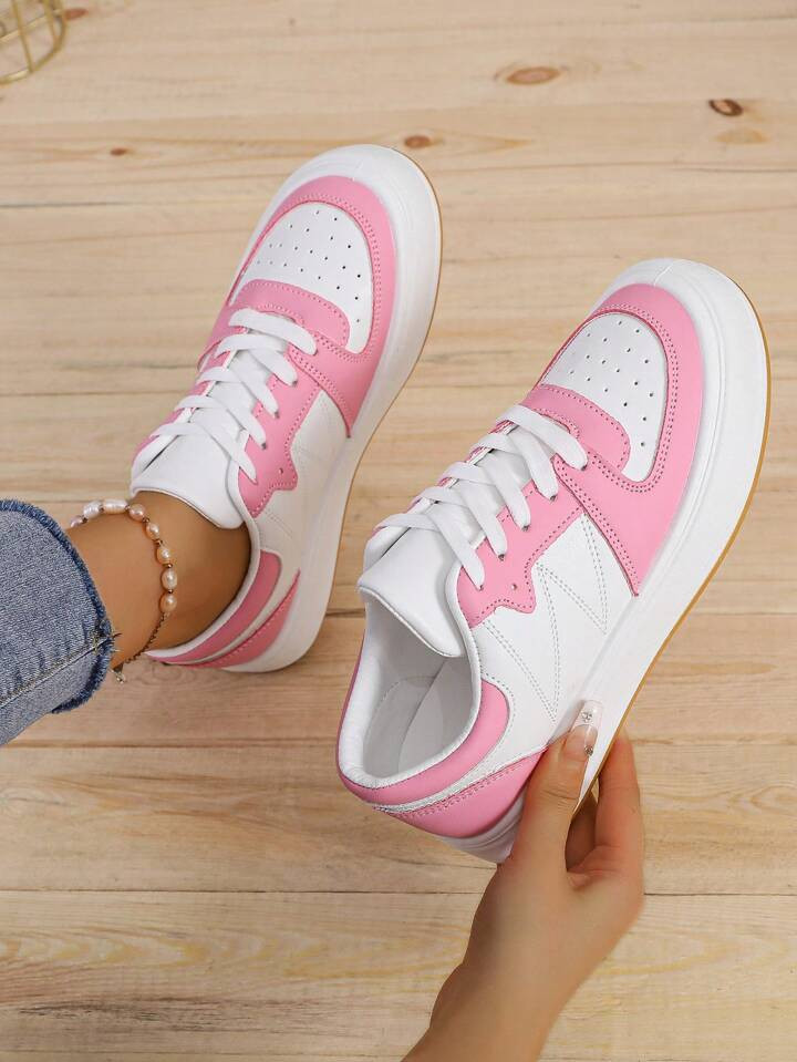 Sporty Sneakers For Women, Two Tone Lace-up Front Skate Shoes | SHEIN