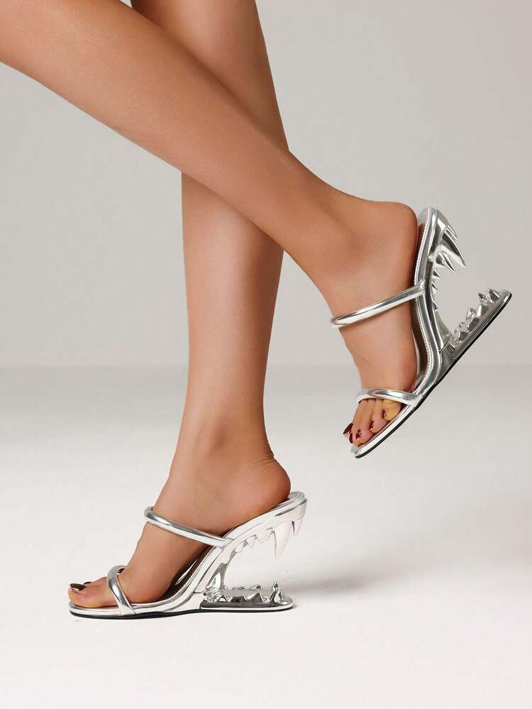 Metallic Teeth Heels Mules For Women Fashion Open Toe Wedges High Heeled Slip On Party Sexy Slingback Slides Sandals Woman | SHEIN