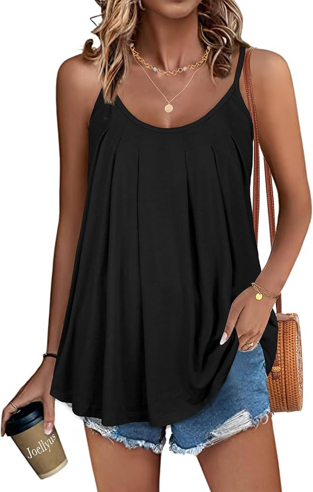 JOELLYUS Tank Top for Women Pleated Spaghetti Strap Camisole Loose Fit Casual Sleeveless Flowy Ba... | Amazon (US)