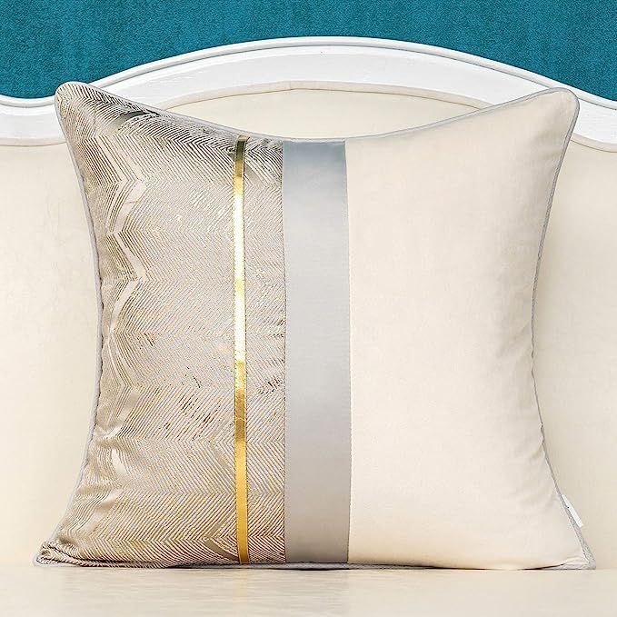 Alerfa 20 x 20 Inch Silver Gray White Geometric Striped Gold Leather Patchwork Velvet Cushion Cas... | Amazon (US)