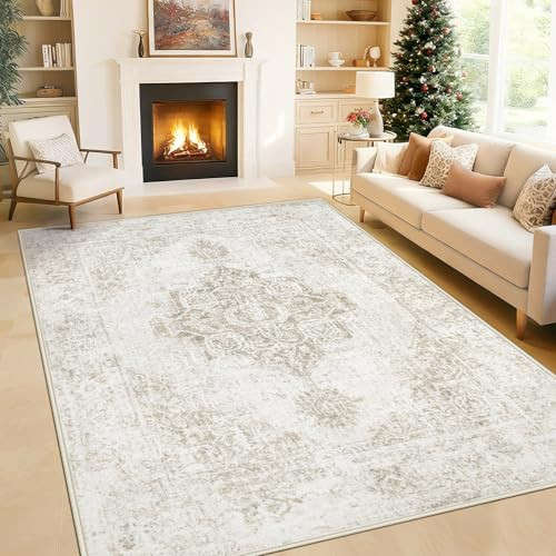 6x9 Area Rugs for Living Room, Washable Vintage Boho Neutral Medallion Rug Non Slip Low Pile Floor Carpet for Bedroom Nursery Dining Room (Beige, 6'x9') | Amazon (US)