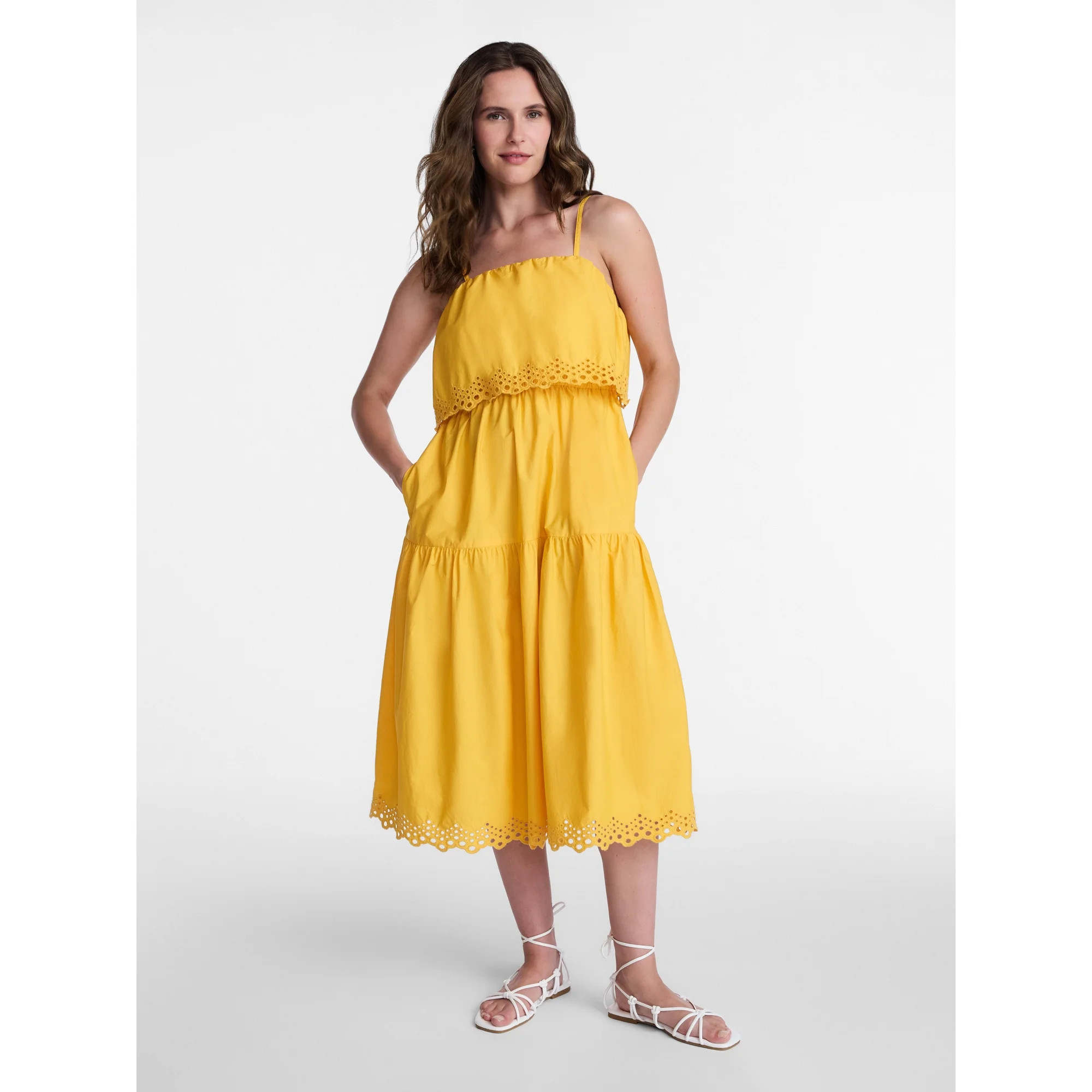 Time and Tru Women's and Women's Plus Eyelet Trim Cotton Midi Dress, Sizes XS-4X | Walmart (US)