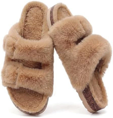KIDMI Fuzzy Slippers Women with Cork Footbed Fluffy Slides Open Toe Indoor House Shoes | Arch Sup... | Amazon (US)