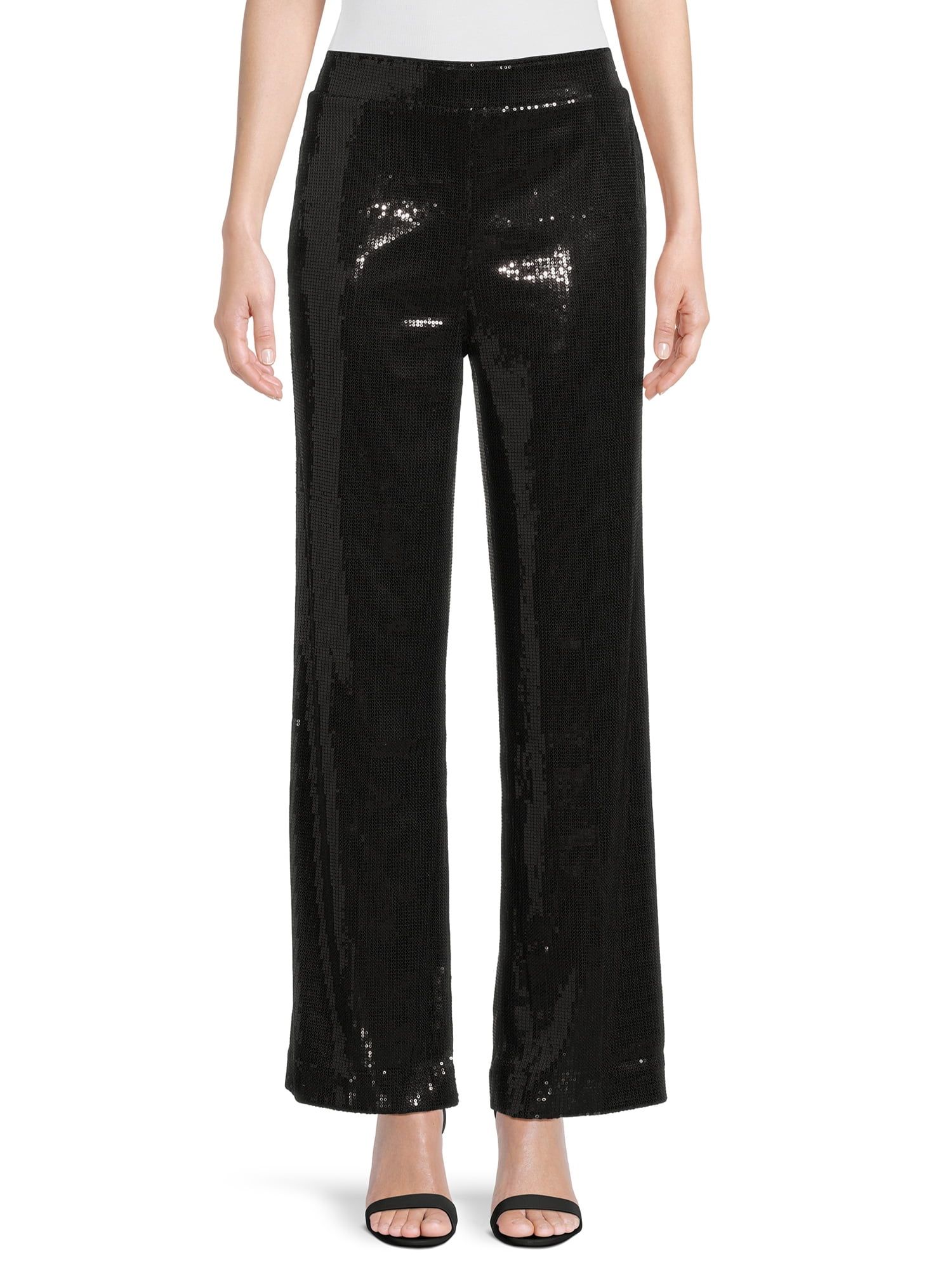 Time and Tru Women's Pull On Lined Wide Leg Sequin Pants, 30" Inseam, Sizes S-2XL | Walmart (US)