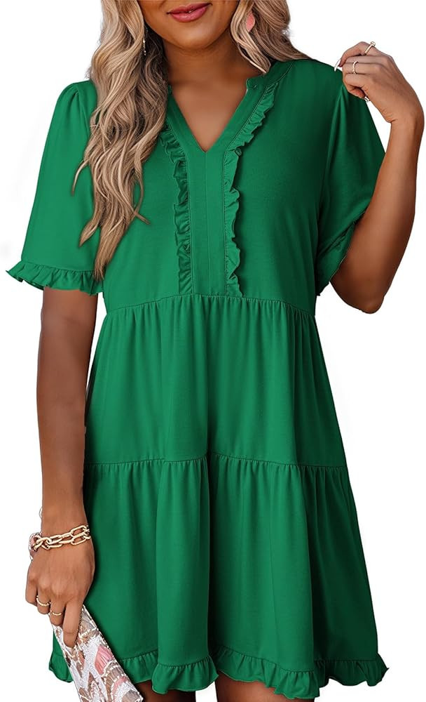 Dokotoo Women's V Neck Short Sleeve Tiered Ruffle Mini Skater Dress Casual Summer Swing Tunic Dre... | Amazon (US)