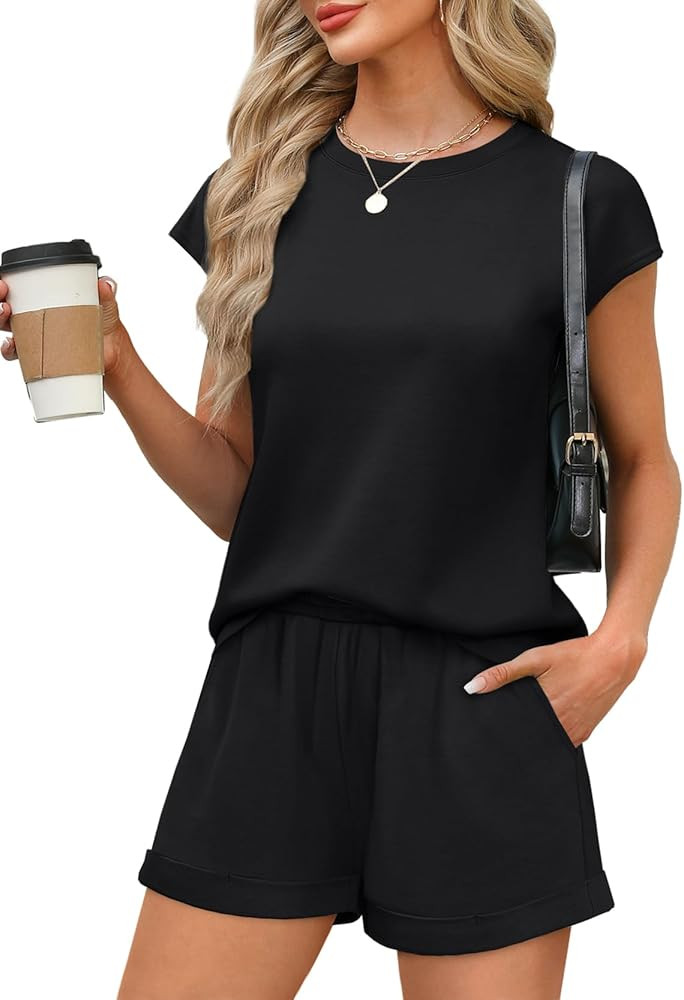 WIHOLL 2 Piece Sets for Women Casual Summer Travel Vacation Outfits Cap Sleeve Shorts Lounge Set | Amazon (US)