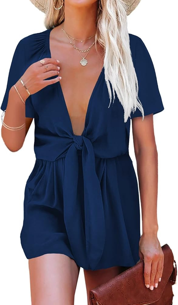 AlvaQ Womens Long Sleeve Romper Tie Knot Front V Neck Short Jumpsuits,S-XL | Amazon (US)