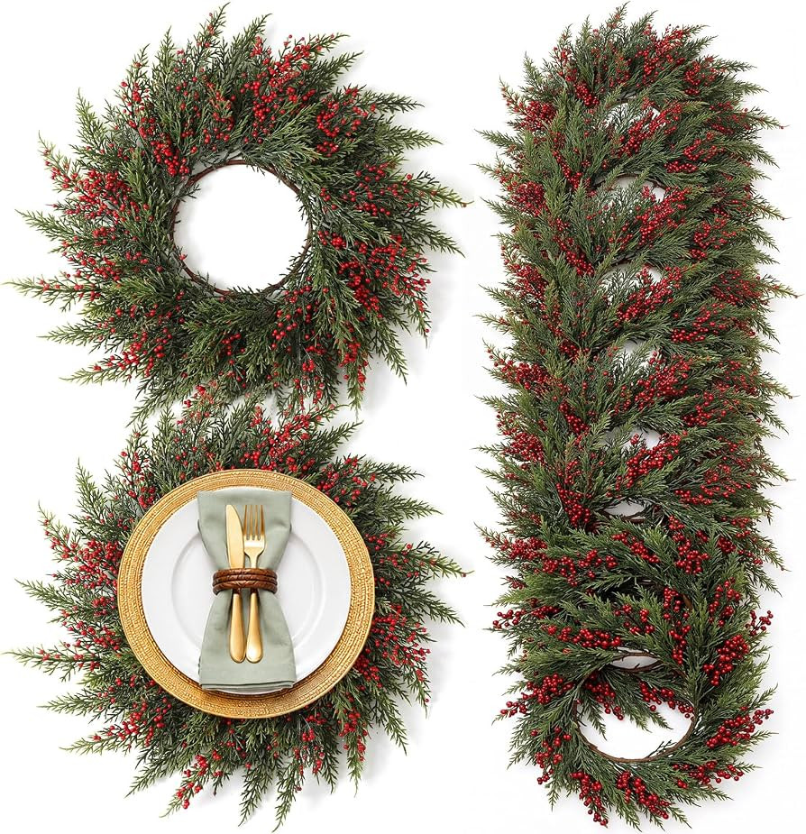 Christmas Round Placemat Set of 12 Artificial Cedar Wreath Charger | Amazon (US)