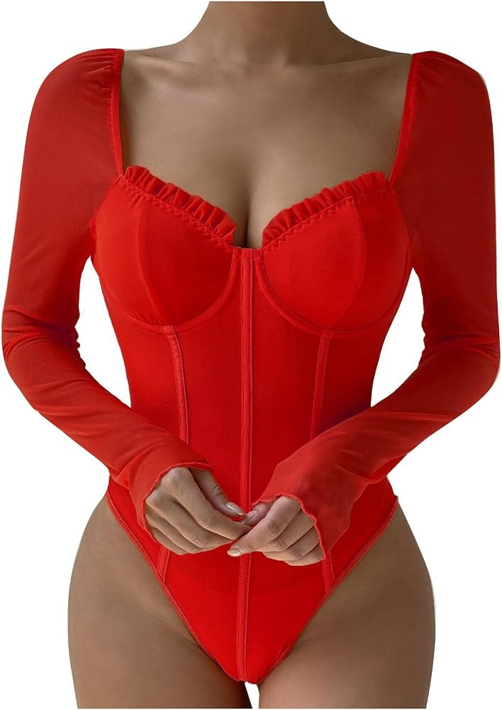 HGps8w Women's Sweetheart Neck Mesh Long Sleeve Bodysuit Sexy Slim Fit Skinny T Shirt Bustier Cor... | Amazon (US)