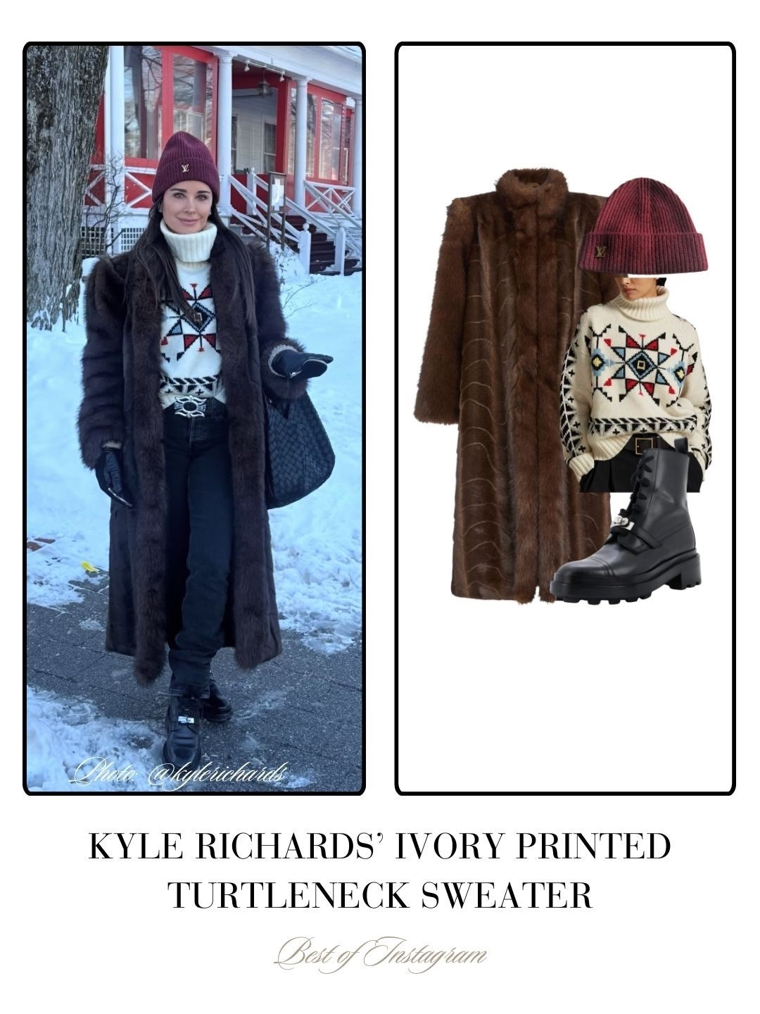 Kyle Richards’ Ivory Printed Turtleneck Sweater. Coat by Ducie // 📸 = @kylerichards18 