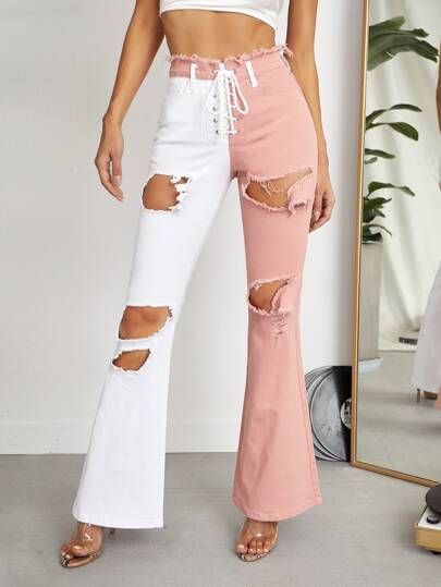 Eyelet Lace Up Knot Two Tone Ripped Flare Leg Jeans | SHEIN