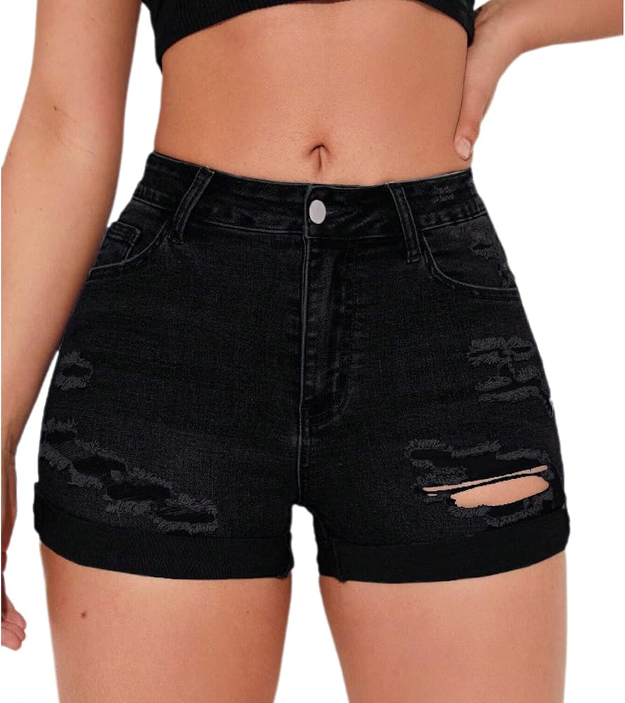 Women's Summer Mid Waist Ripped Stretchy Denim Shorts Folded Hem Distressed Jean Shorts | Amazon (US)