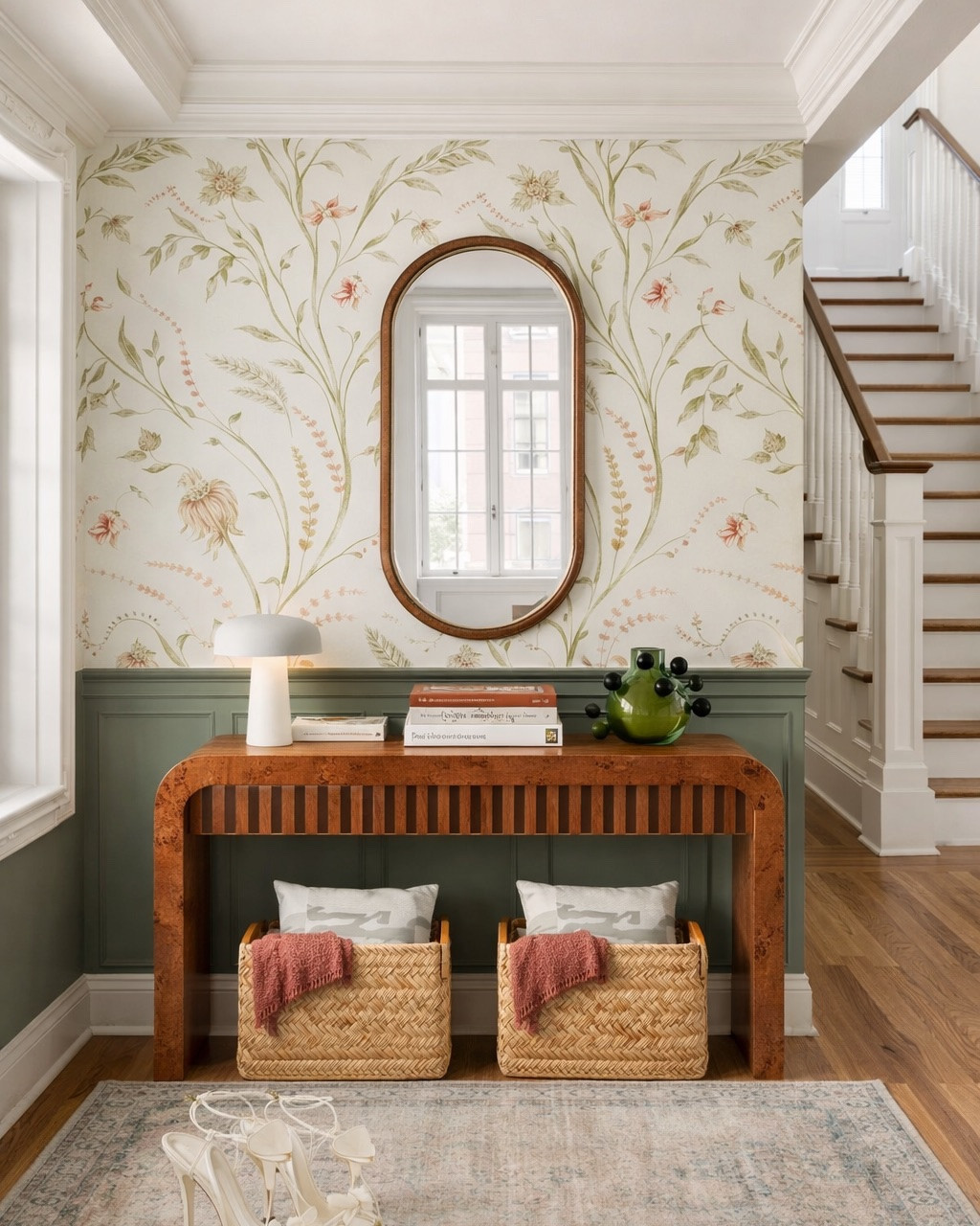 Beautiful entryway design, gorgeous furniture from West Elm, floral wallpaper, rattan baskets, vintage rug. #entryway #homedecor

#LTKHome #LTKSaleAlert #LTKSeasonal
